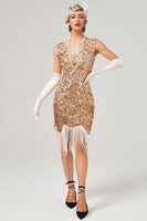 Load image into Gallery viewer, Dark Green Sequined V-Neck Gatsby Dress With Fringes