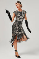 Load image into Gallery viewer, Green Round Neck Golden Embroidery 1920s Dress With Fringes