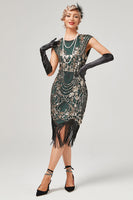 Load image into Gallery viewer, Green Round Neck Golden Embroidery 1920s Dress With Fringes