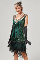Load image into Gallery viewer, Black Green V-Neck Flapper Dress With Fringes
