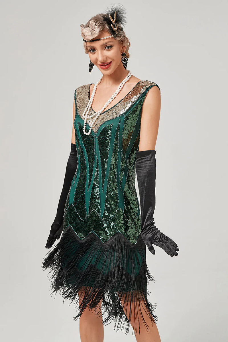 Queendancer Women 1920s Dress Black Green V-Neck Flapper Dress With ...