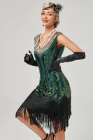 Load image into Gallery viewer, Black Green V-Neck Flapper Dress With Fringes