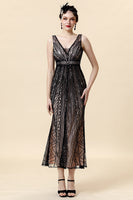 Load image into Gallery viewer, Sheath Black Pink Sequin V-Neck Formal Dress