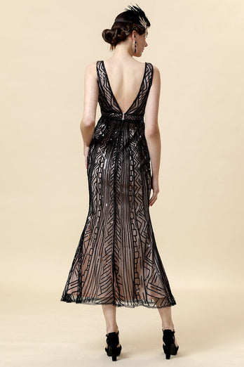 Sheath Black Pink Sequin V-Neck Formal Dress