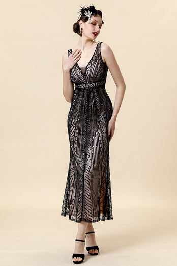 Sheath Black Pink Sequin V-Neck Formal Dress