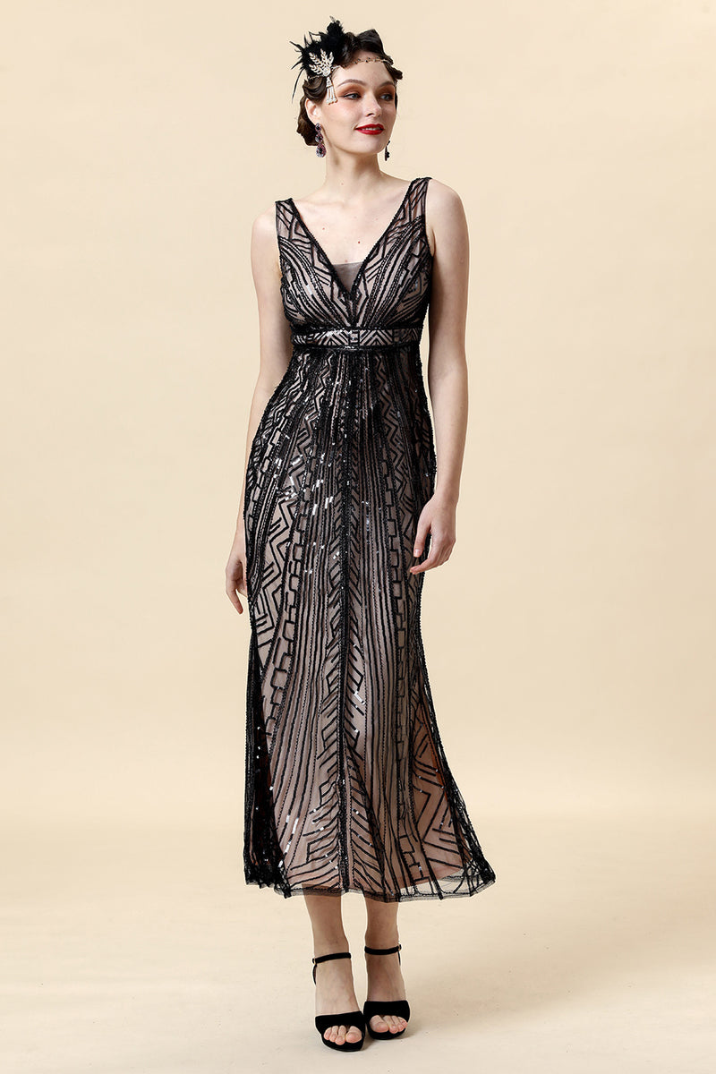 Load image into Gallery viewer, Sheath Black Pink Sequin V-Neck Formal Dress