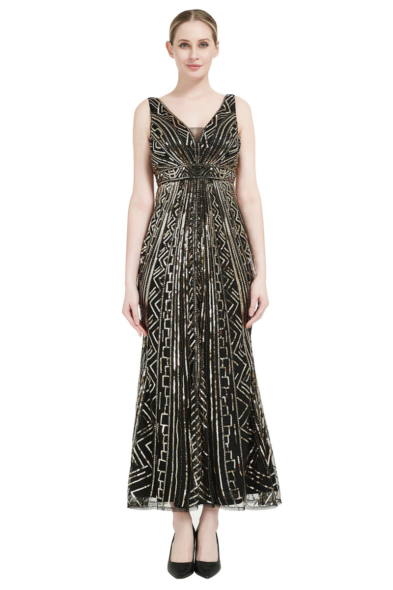 Load image into Gallery viewer, Sheath Black Pink Sequin V-Neck Formal Dress