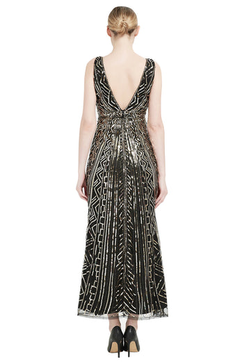 Sheath Black Pink Sequin V-Neck Formal Dress