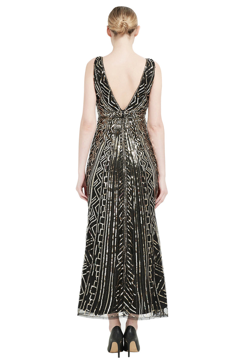 Load image into Gallery viewer, Sheath Black Pink Sequin V-Neck Formal Dress
