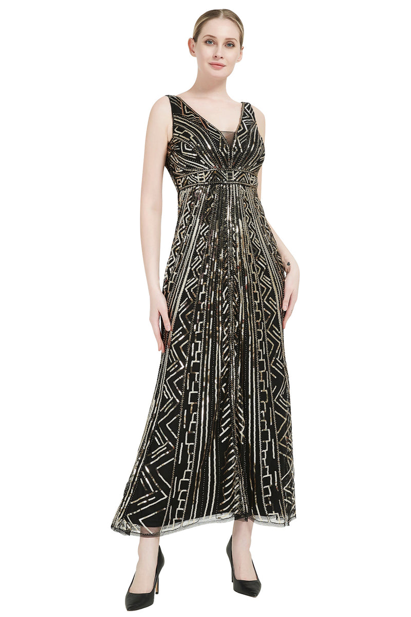 Load image into Gallery viewer, Sheath Black Pink Sequin V-Neck Formal Dress