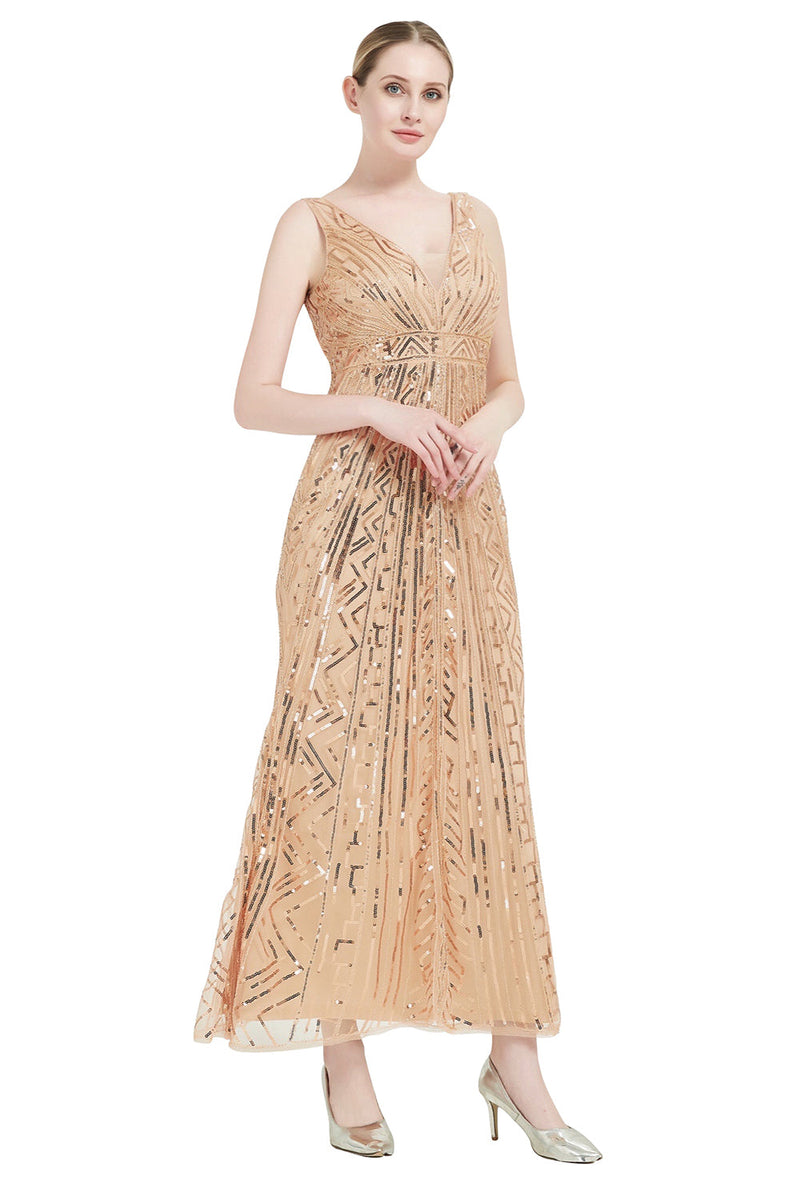 Load image into Gallery viewer, Sheath Black Pink Sequin V-Neck Formal Dress