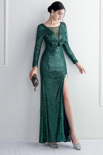 Sequin Black Long Sleeves Prom Dress With Slit
