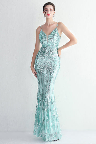 Sparkly Light Green Sequins Spaghetti Straps Evening Dress