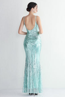 Sparkly Light Green Sequins Spaghetti Straps Evening Dress