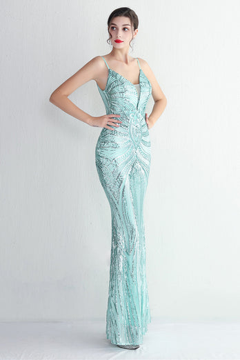 Sparkly Light Green Sequins Spaghetti Straps Evening Dress