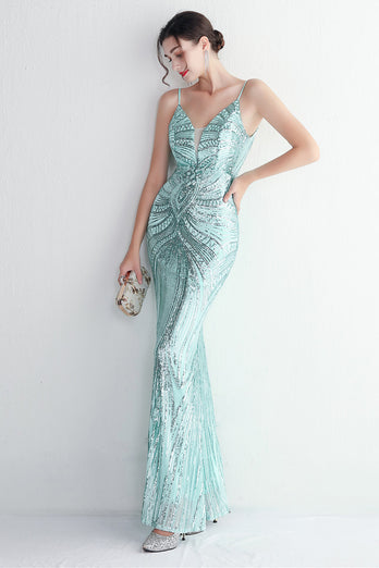Sparkly Light Green Sequins Spaghetti Straps Evening Dress