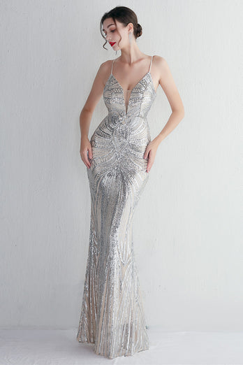Sparkly Light Green Sequins Spaghetti Straps Evening Dress