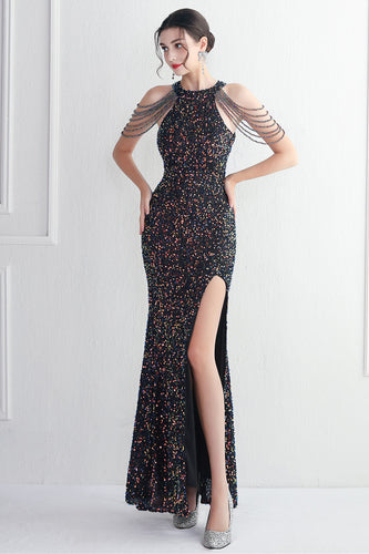 Sequins Black Halter Prom Dress With Split Front