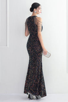 Sequins Black Halter Prom Dress With Split Front