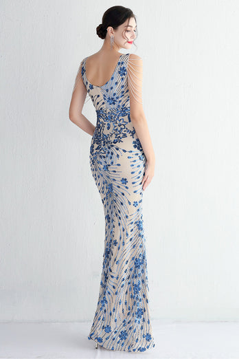 Blue Floor Length Sequins V-Neck Prom Dress