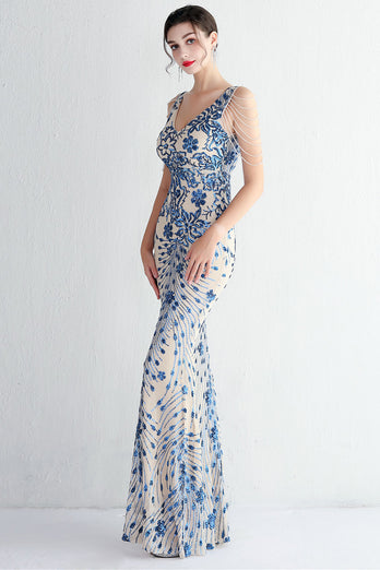 Blue Floor Length Sequins V-Neck Prom Dress