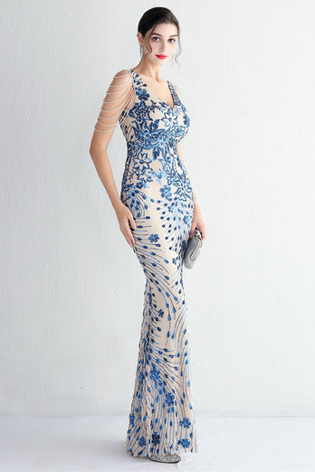 Blue Floor Length Sequins V-Neck Prom Dress