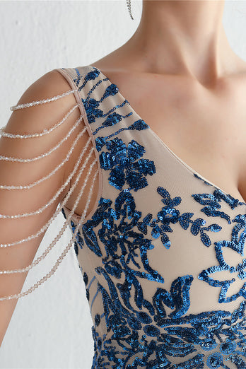 Blue Floor Length Sequins V-Neck Prom Dress