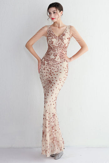Blue Floor Length Sequins V-Neck Prom Dress