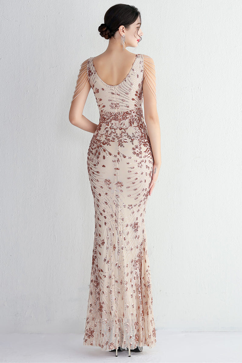 Load image into Gallery viewer, Blue Floor Length Sequins V-Neck Prom Dress