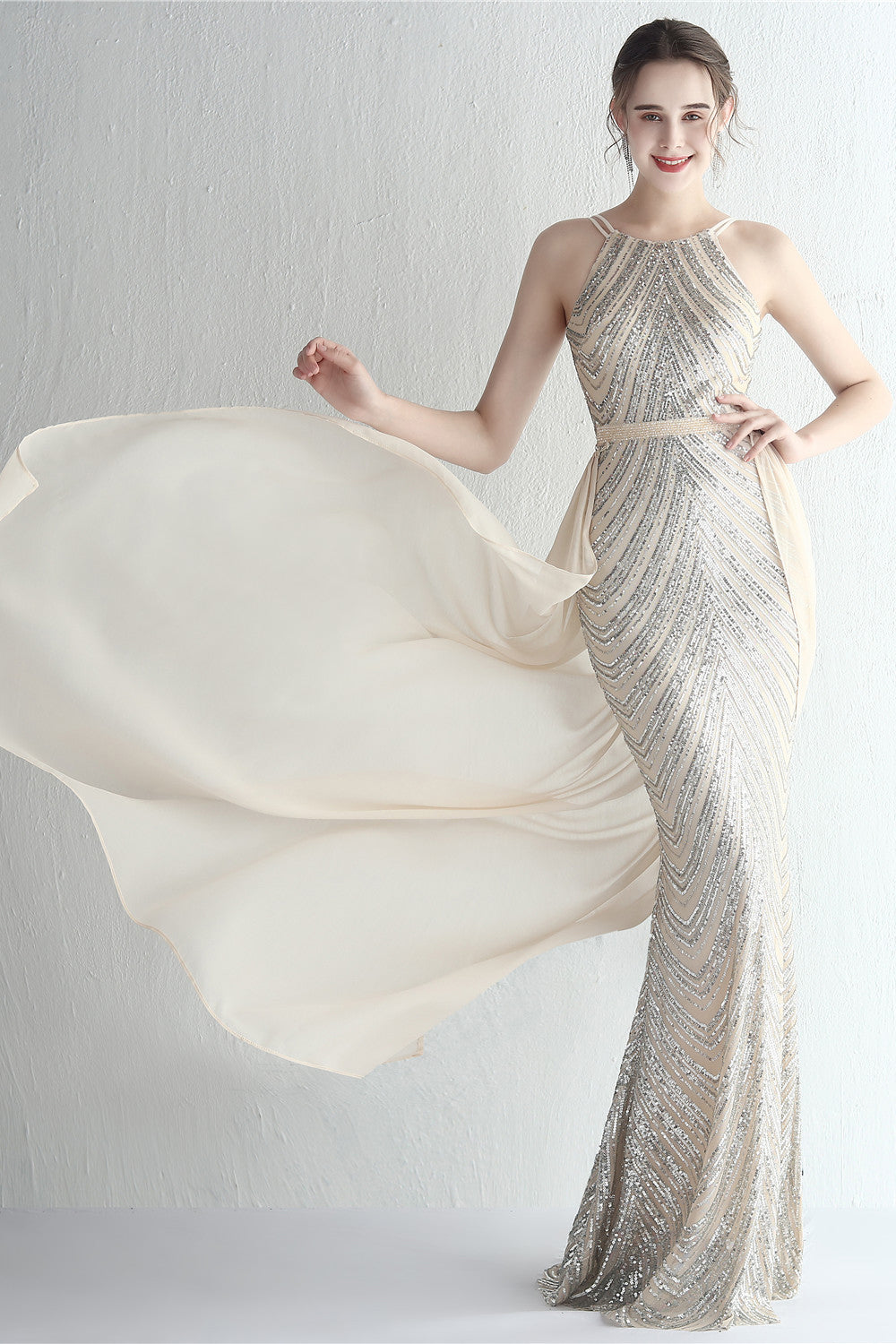 Halter Apricot Sparkly Sequins Prom Dress