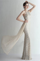 Load image into Gallery viewer, Halter Apricot Sparkly Sequins Prom Dress