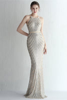 Load image into Gallery viewer, Halter Apricot Sparkly Sequins Prom Dress