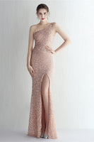 Load image into Gallery viewer, One Shoulder Blush Sequined Evening Dress With Slit