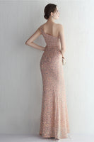Load image into Gallery viewer, One Shoulder Blush Sequined Evening Dress With Slit