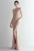 Load image into Gallery viewer, One Shoulder Blush Sequined Evening Dress With Slit