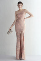 Load image into Gallery viewer, One Shoulder Blush Sequined Evening Dress With Slit