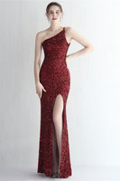 Load image into Gallery viewer, One Shoulder Blush Sequined Evening Dress With Slit