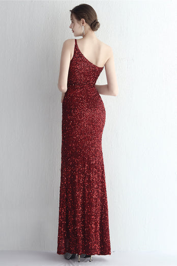 One Shoulder Blush Sequined Evening Dress With Slit