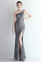 Load image into Gallery viewer, One Shoulder Blush Sequined Evening Dress With Slit