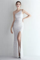 Load image into Gallery viewer, One Shoulder Blush Sequined Evening Dress With Slit