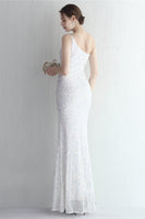 Load image into Gallery viewer, One Shoulder Blush Sequined Evening Dress With Slit