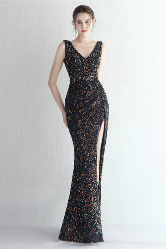 Black Sparkly Sequins V-Neck Long Prom Dress With Slit