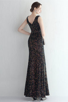 Black Sparkly Sequins V-Neck Long Prom Dress With Slit