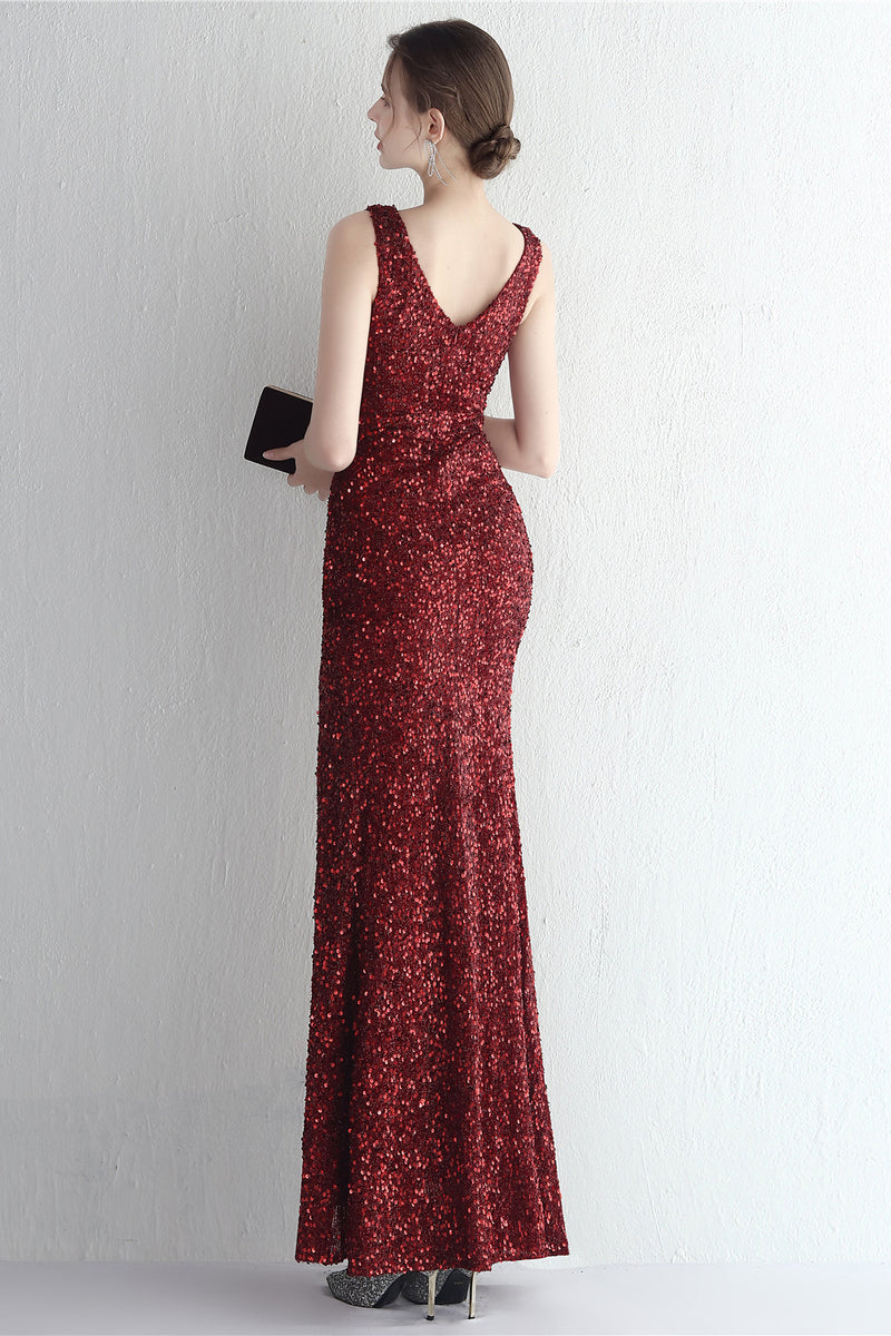 Load image into Gallery viewer, Black Sparkly Sequins V-Neck Long Prom Dress With Slit