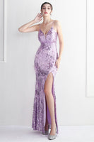 Load image into Gallery viewer, Purple Spaghetti Straps Prom Dress With Feathers