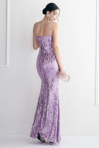 Purple Spaghetti Straps Prom Dress With Feathers
