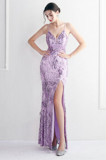 Purple Spaghetti Straps Prom Dress With Feathers