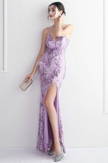 Purple Spaghetti Straps Prom Dress With Feathers