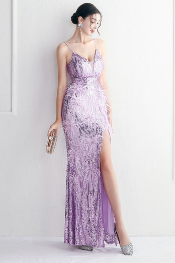 Purple Spaghetti Straps Prom Dress With Feathers