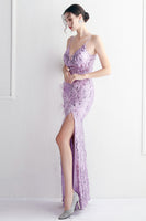 Load image into Gallery viewer, Purple Spaghetti Straps Prom Dress With Feathers